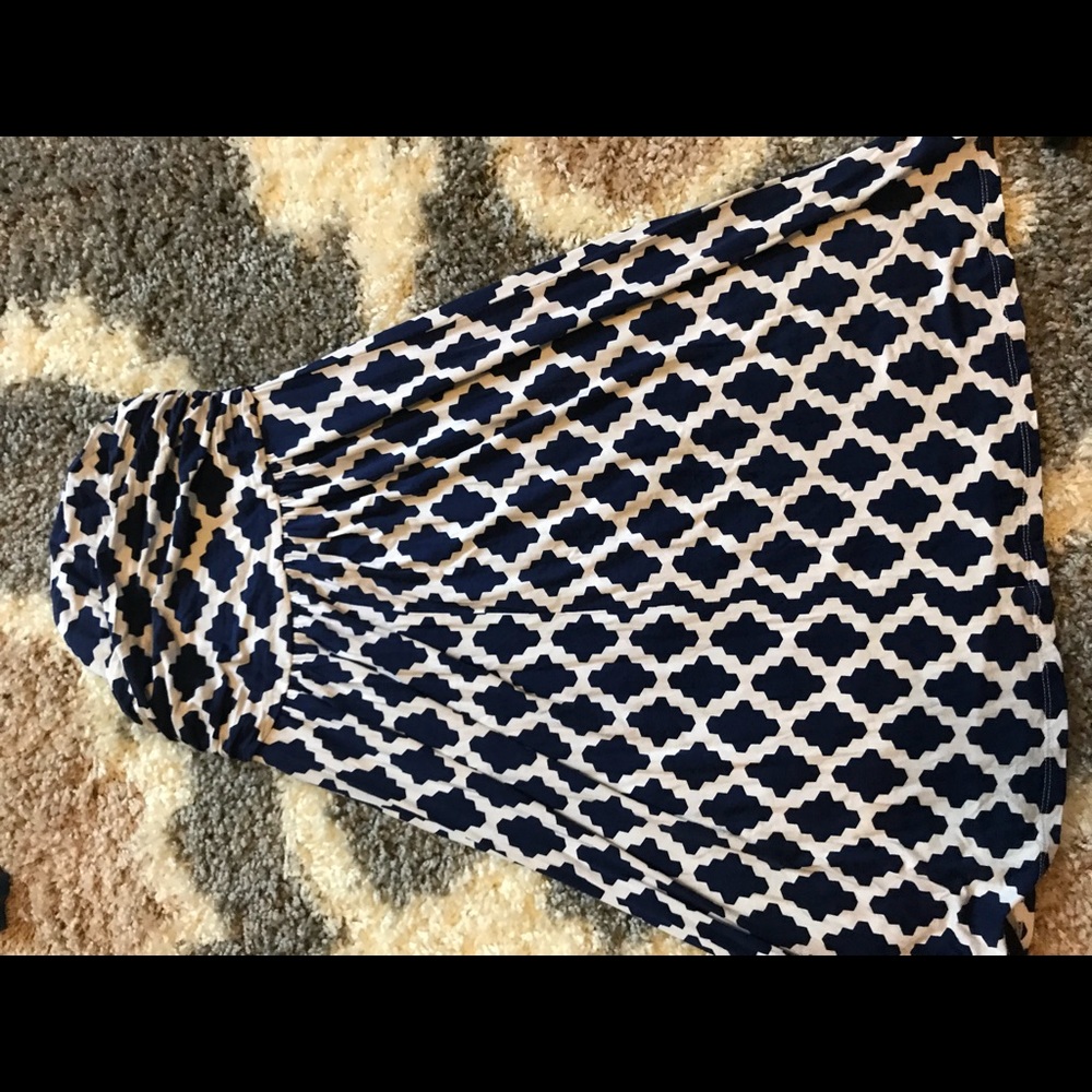 Navy and white strapless dress